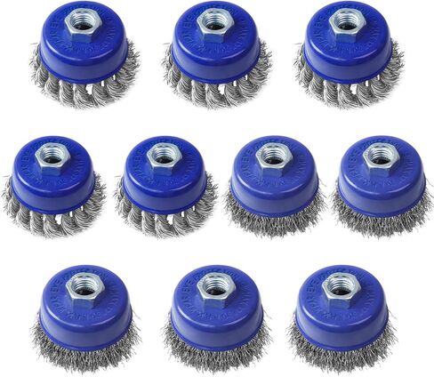 10 عبوات من فرشاة العجلات السلكية الزرقاء لمطحنة الزوايا، مجموعة فرش العجلات السلكية 3 بوصة لمطحنة زاوية 4 1/2، فرشاة أكواب سلكية معقودة ومجعدة، عجلات سلكية مع أربور 5/8-11 بوصة، الحد الأقصى لدورة في الدقيقة 12,500 in Kuwait