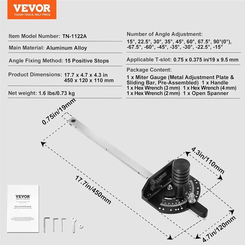 VEVOR Precision Miter Gauge, Standard Slot 3/4'' x 3/8'', Aluminum Alloy Table Saw Miter Gauge with 15 Angle Stops Adjustable Spring Loaded Plunger and Removable Disc, for Woodworking Tool Table Saw in Saudi Arabia