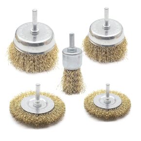 5PC Brass Coated Wire Wheel Brush Kit for Drill, Crimped Cup Brush with 1/4-Inch Shank,0.13mm Coated Brass Wire Brushes, for Fast Removal of Rust, Paint and Scale from Metal and Wood