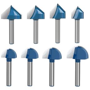 1/4 Inch Shank Core Box Router Bit & V Groove Router Bit Set (5/8" 3/4" 7/8" 1") Cutting Diameter Woodworking Milling Cutter Tool 8Pcs