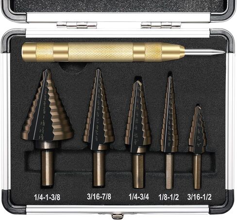 5+1 قطعة من لقم الثقب مع ثقب مركزي تلقائي، مجموعة مثقاب خطوة من التيتانيوم Anglecai HSS، 50 مقاسًا لقمة مثقاب عالية السرعة للمعادن والألومنيوم والخشب والبلاستيك in Kuwait