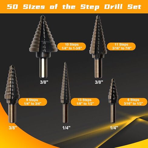 5+1 قطعة من لقم الثقب مع ثقب مركزي تلقائي، مجموعة مثقاب خطوة من التيتانيوم Anglecai HSS، 50 مقاسًا لقمة مثقاب عالية السرعة للمعادن والألومنيوم والخشب والبلاستيك in Kuwait