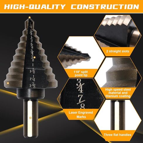 5+1 قطعة من لقم الثقب مع ثقب مركزي تلقائي، مجموعة مثقاب خطوة من التيتانيوم Anglecai HSS، 50 مقاسًا لقمة مثقاب عالية السرعة للمعادن والألومنيوم والخشب والبلاستيك in Kuwait