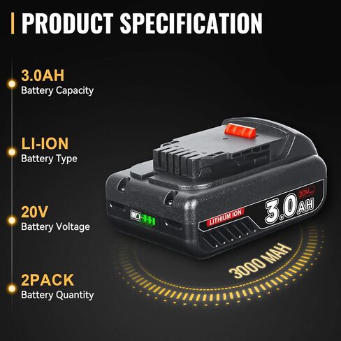 2Pack 20Volt 3.0Ah DCB201 Battery Replacement for Dewalt 20V Battery DCB200 DCB204 DCB206 DCD/DCF/DCG Series Compatible with Dewalt 20V Cordless Power Tools in Saudi Arabia