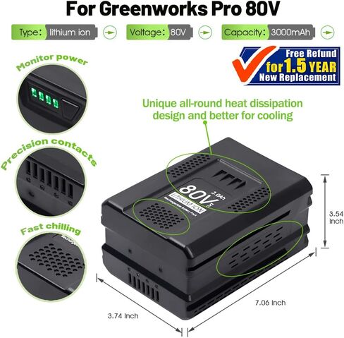 TenHutt 【ترقية】 بطارية بديلة 80 فولت 3.0 أمبير في الساعة لبطارية Greenworks PRO 80V GBA80200 GBA80300 GBA80400 بطارية ليثيوم أيون ذات سعة عالية (فقط لـ GREENWORKS 80V) in Kuwait