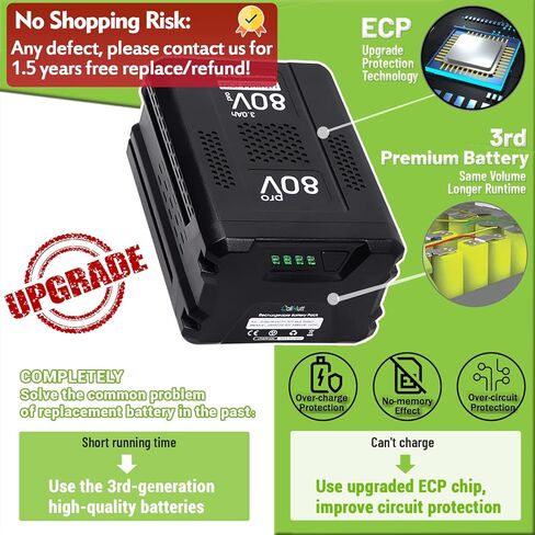 TenHutt 【ترقية】 بطارية بديلة 80 فولت 3.0 أمبير في الساعة لبطارية Greenworks PRO 80V GBA80200 GBA80300 GBA80400 بطارية ليثيوم أيون ذات سعة عالية (فقط لـ GREENWORKS 80V) in Kuwait