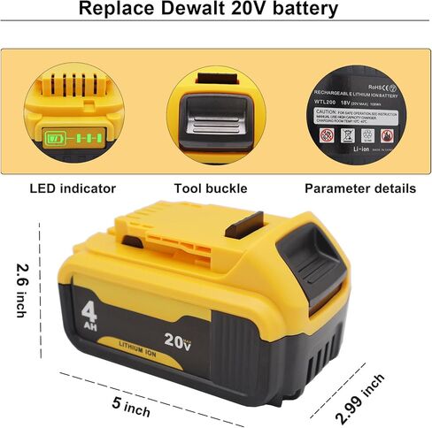 لقطعتين لبطارية DeWalt 20v 4.0Ah، استبدل بطارية DeWalt DCB204 20V Max DCB204-2 DCB205 DCB206 DCB204 DCB208 Series المتوافقة مع بطارية Dewalt 20V in Kuwait