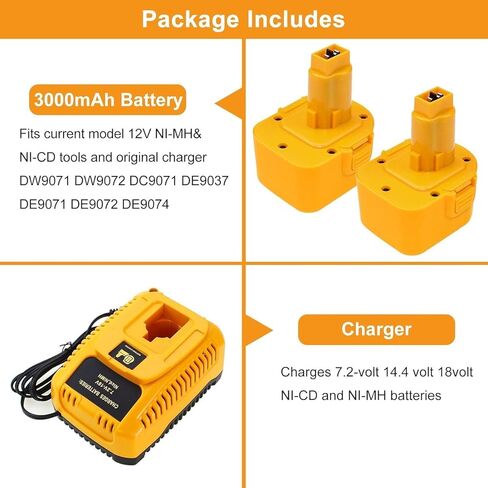 【2Packs Battery 12V 3.6Ah 】Replacemnet Battery and Charger for Dewalt 12V Battery DW9071 DC9072 DE9037 DE9071 DE9072 DE9074 DE9075 Cordless Power Compatible with Dewalt 12 Volt Battery Chargers Yellow in Kuwait