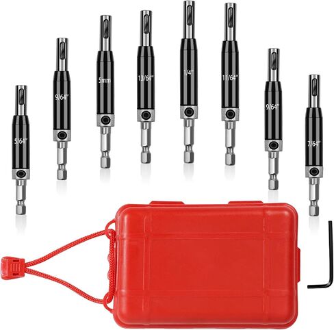 Self Centering Drill Bits Set for Hinges, Center Drill Bits VIX Bit Set with Red Plastic Storage Case for Wood Woodworking Door Window Cabinet Hinge Total 10 PCS (Half Black), TF-RH-8003 in Saudi Arabia