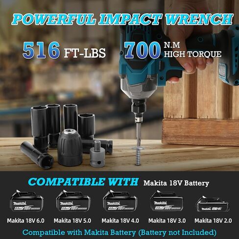 طقم مفتاح ربط تأثير بدون فرشاة 516 قدم رطل لبطارية ماكيتا 18 فولت، 1/2 بوصة 700 نيوتن متر عزم دوران عالٍ 3000 دورة في الدقيقة مفتاح ربط تأثير محمول لاسلكي مع 6 قطع مقابس تأثير، مثالي لإصلاح السيارات والمنزل in Kuwait