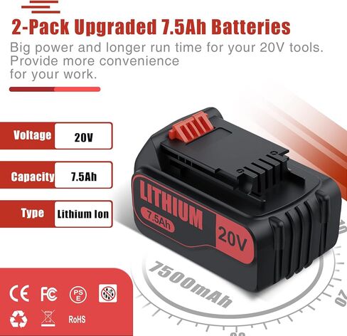 7.5Ah Upgraded for Black and Decker 20V Lithium Battery Compatible with Black and Decker 20V Battery LBXR20 LBX20 LB20 LB2X4020-OPE LBXR20B-2 LST300 LST220 2Packs in Kuwait