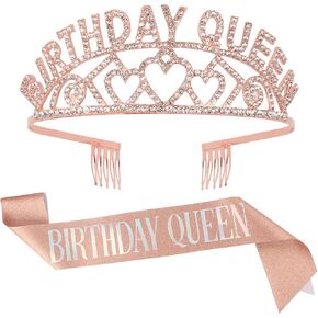 Semato Rhinestone Birthday Crown and Birthday Glitter Sash Kit— Birthday Decorations for Women Birthday Tiara Party Supplies and Favors(AB rose gold)
