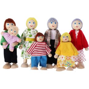 cobee Dollhouse Family People Figures, 7 Pieces Wooden Doll House Family Dolls Mini Doll Family Pretend Play Figures Miniature Dollhouse Doll Figures (A)