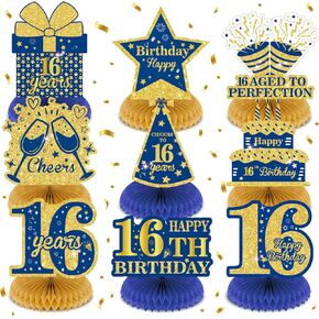 9Pcs Blue 16th Birthday Decorations Navy Blue Gold 16th Honeycomb Centerpieces for Table Decor, Happy 16th Birthday Decorations for Boys Girls Anniversary Party Favors Supplies Event Cheer to 16 Years