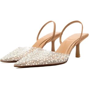 YIYA Women's Clear Slingback Heels with Pearl Studded Pointed Toe Kitten Mid Heels Sparkly Rhinestone Slip On Wedding Party Shoes
