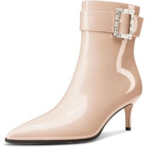 Aachcol Womens Kitten Heel Ankle Boots Pointed Toe Buckle Rhinestone Crystal Mid Calf Zipper 2.6 Inches Heels Patent Leather Dress Short Booties