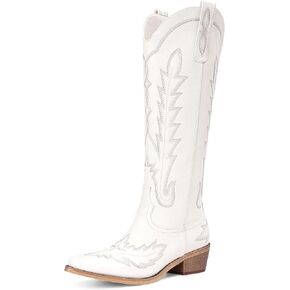Cowboy Boots for Women - Knee High Embroidered Western Cowgirl Boots, Pointed Toe Chunky Heel Retro Country Boots, Pull On Zipper Vintage Fashion Tall Boots for Girls Ladies