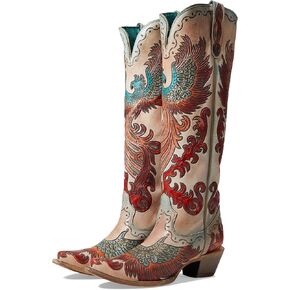 CORRAL LADIE'S WHITE HAND TOOLED & HAND PAINTED FIRE PHOENIX, LEATHER SOLE, COWHIDE LEATHER, WESTERN BOOTS, A4516
