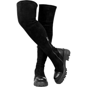 Black Thigh High Boots For Women Patchwork Suede Platform Over The Knee High Boots Lug Sole Comfortable Walking Boots Zipper
