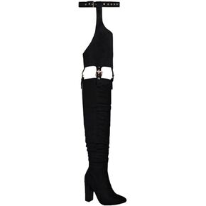 Women's Belted Pointed Toe high Boots Striking Buckle Strap Fashion thick Heel Thigh high Boot