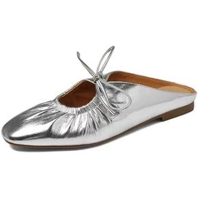 Women's Wrinkled Leather Lace Up Flat Mules Fashion Closed Square Toe Slip-On Slingback Ballet Flats Comfortable Casual Dressy Date Office Work Shoes