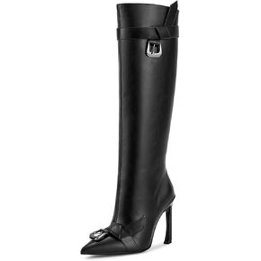 ISNOM Knee High Boots Women Tall Boots Pointed Toe Stiletto High Heel Metal Buckle Side Zipper Wide Calf Long Boots for Women Sexy Fashion Party
