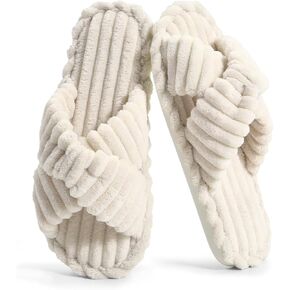 Xelky Indoor Slippers for Women House Open Toe Slipper Comfortable Corduroy Cross Bands Bedroom Shoes Fuzzy