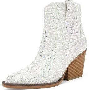 Women's Rhinestone Boots Glitter Sparkly Cowboy Booties Chunky Block Heel Pearl Detail Pointed Toe Bridal Wedding Western Ankle Boots Cowgirl Short Boots White Stone PU Size US 7