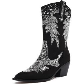 Knee High Cowgirl Cowboy Boots for Women Rhinestone Sparkly Western Boots Rhinestone Bling Pointed Toe Chunky Heel Pull On Fashion Tall Black Boot