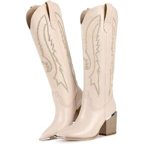 ISNOM Embroidered Knee High Cowboy Boots for Women with Pointed Metal Toe, Fashion Black White Nude Tall Western Boots, Block Chunky Heel Knee High Cowgirl Boots Women
