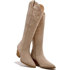 Vertundy Women's Cowboy Knee High Boots Wedge Heel Western Boots with Side Zipper Embroidered Block Low Heel Wide Pointy Toe Ladies Comfortable Lightweight Fashion Leather Cowgirl Shoes