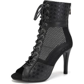Women's Ankle Dance Boots Peep Toe Mesh Dance Heels Lace Up Back Zipper Ballroom Practice Dance Shoes