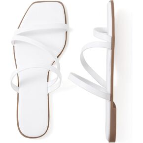 LACUONE Strappy Flat Sandals For Women Slip On Square Open Toe Slides Sandals