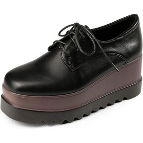 Women's Platform Oxford Shoes Classic Chunky Patent Leather PU Square toe Wedges Casual Lace Up Sneakers