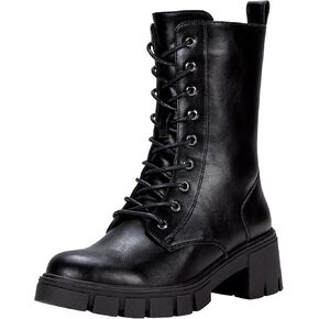 Vepose Women's 9650A Mid Calf Combat Boots Lace Up Elastic Chunky Platform Boot with Side Zipper