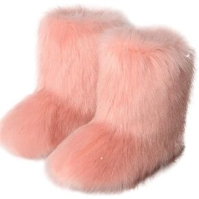 Women's Faux Fur Boots Fluffy Mid-Calf Fuzzy Winter Snow Boots Outdoor Flat Shoes