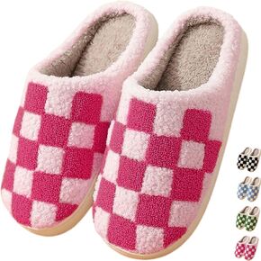 Checkered Slippers House Slippers for Women Men Funny Fluffy Slippers Memory Foam Womens House Shoes Outdoor Indoor Warm Plush Bedroom Slippers for Winter