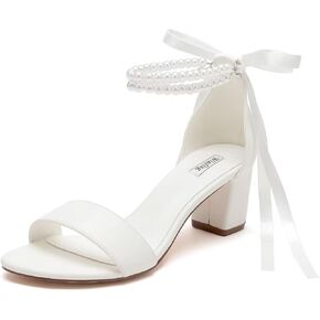 Pearl Wedding Shoes Open Toe Block Heel Wedding Sandals Chunky Heel Bridal Shoes