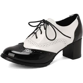 Womens Vintage Oxfords Shoes Chunky High Heels Lace Up Wingtip Two Tone Perforated Saddle Pumps Shoes in Kuwait