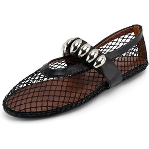 Mesh Ballet Flats Rhinestone Buckle Strap Embellished Ballerina Shoes Fishnet Mary Jane Flats Metallic Gem Slip-on Round Toe for Women Comfy Casual Office Daily Shoes