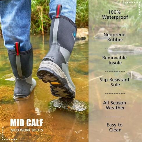 Trudave Rubber Rain Boots for Women, Neoprene Insulated Mud Work Boots, Anti-slip Breathable Mid-calf Womens Waterproof Boots for Garden, Water Fishing, Size 6-11 in Saudi Arabia