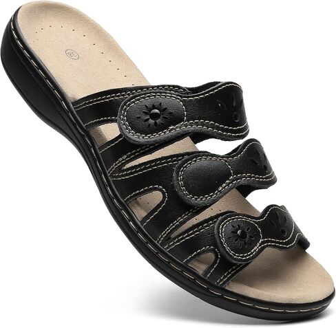 Women's Classic Leather Sandals Slide Casual Sandals with Arch Support Adjustable Hook and Loop Straps Slip-On Shoes Outdoor 2024 in Saudi Arabia