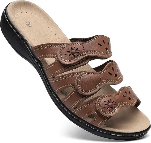 Women's Classic Leather Sandals Slide Casual Sandals with Arch Support Adjustable Hook and Loop Straps Slip-On Shoes Outdoor 2024 in Saudi Arabia