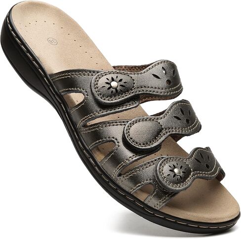 Women's Classic Leather Sandals Slide Casual Sandals with Arch Support Adjustable Hook and Loop Straps Slip-On Shoes Outdoor 2024 in Saudi Arabia