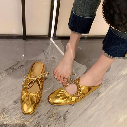Women's Wrinkled Leather Lace Up Flat Mules Fashion Closed Square Toe Slip-On Slingback Ballet Flats Comfortable Casual Dressy Date Office Work Shoes in Saudi Arabia