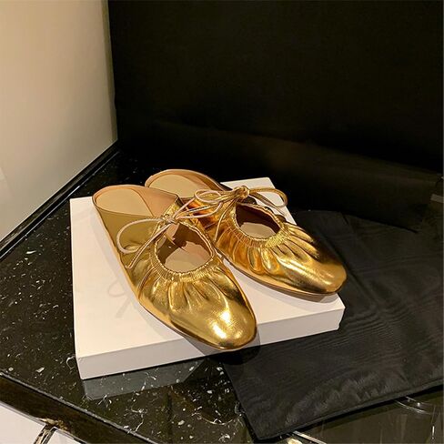Women's Wrinkled Leather Lace Up Flat Mules Fashion Closed Square Toe Slip-On Slingback Ballet Flats Comfortable Casual Dressy Date Office Work Shoes in Saudi Arabia
