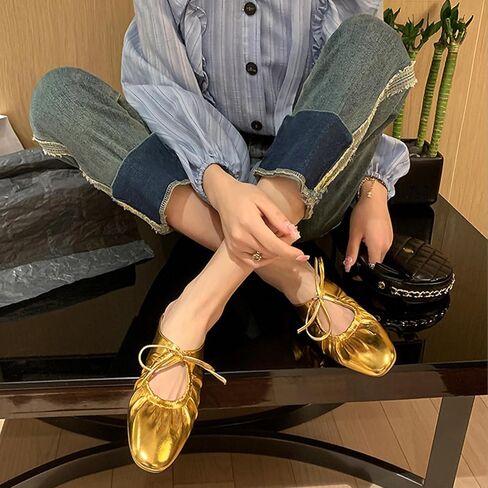 Women's Wrinkled Leather Lace Up Flat Mules Fashion Closed Square Toe Slip-On Slingback Ballet Flats Comfortable Casual Dressy Date Office Work Shoes in Saudi Arabia