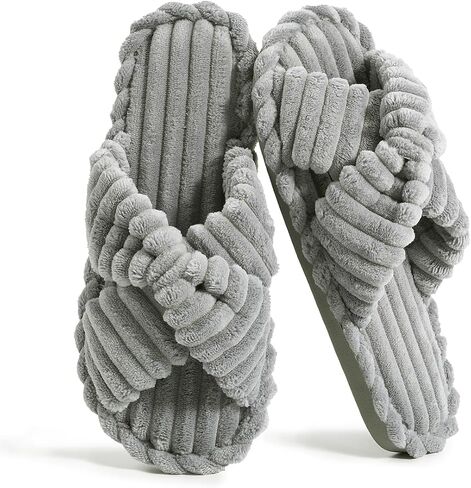 Xelky Indoor Slippers for Women House Open Toe Slipper Comfortable Corduroy Cross Bands Bedroom Shoes Fuzzy in Saudi Arabia
