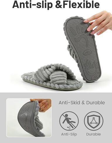 Xelky Indoor Slippers for Women House Open Toe Slipper Comfortable Corduroy Cross Bands Bedroom Shoes Fuzzy in Saudi Arabia
