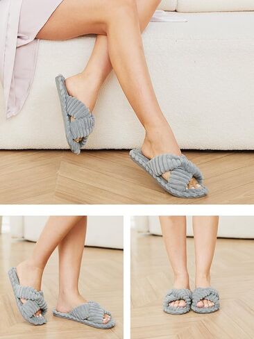 Xelky Indoor Slippers for Women House Open Toe Slipper Comfortable Corduroy Cross Bands Bedroom Shoes Fuzzy in Saudi Arabia